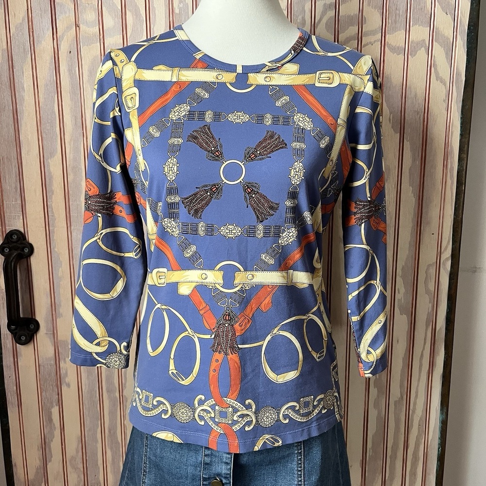 J. McLaughlin Equestrian Harness Print Blue Gold Tassel Stretch Knit‎ Top M
